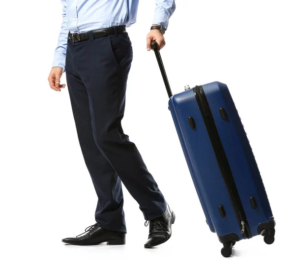 Young Businessman Blue Suitcase White Background — Stock Photo, Image