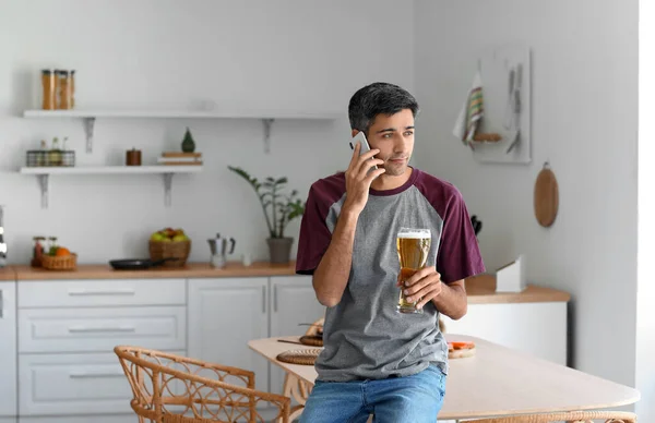 Handsome Man Glass Beer Talking Mobile Phone Kitchen — Stock Photo, Image