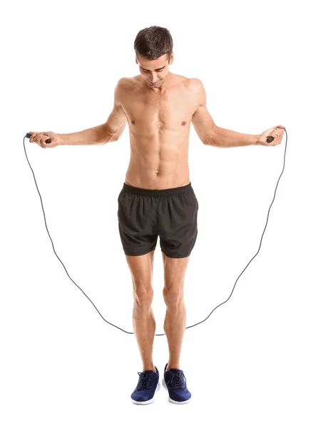 Sporty Young Man Jumping Rope White Background — Stock Photo, Image