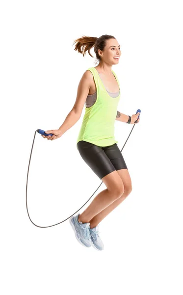 Sporty Young Woman Jumping Rope White Background — Stock Photo, Image