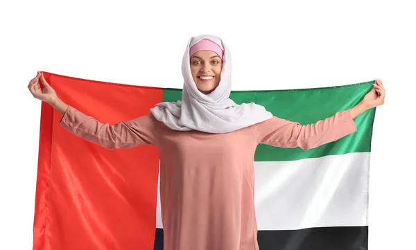 Geleneksel Giyinmiş Genç Bir Kadın Beyaz Arka Planda Bae Bayrağı — Stok fotoğraf