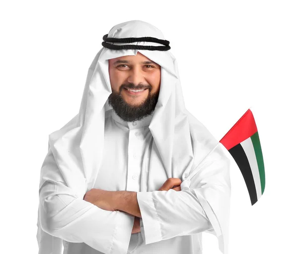 Man Traditional Clothes National Flag Uae White Background — Stock Photo, Image