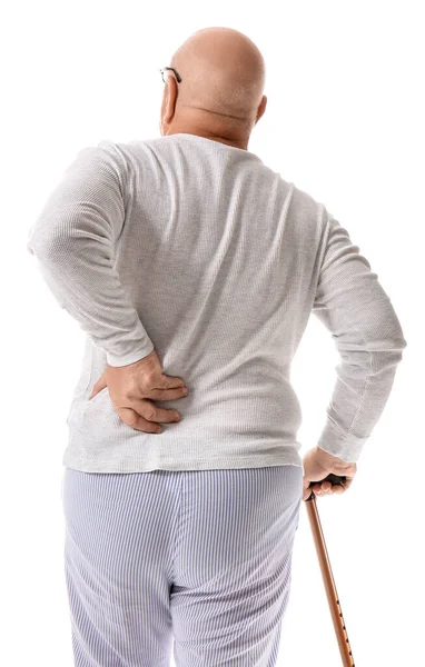 Senior Man Walking Stick Suffering Back Pain White Background — Stock Photo, Image