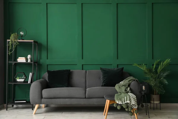 Interior Stylish Living Room Shelving Unit Sofa Standard Lamp — ストック写真