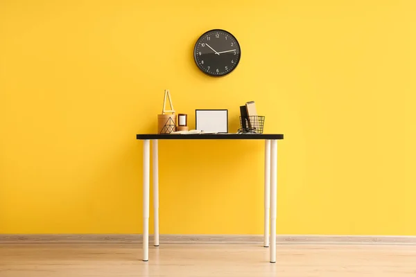 Workplace Blank Photo Frame Stylish Decor Color Wall — Stock Photo, Image