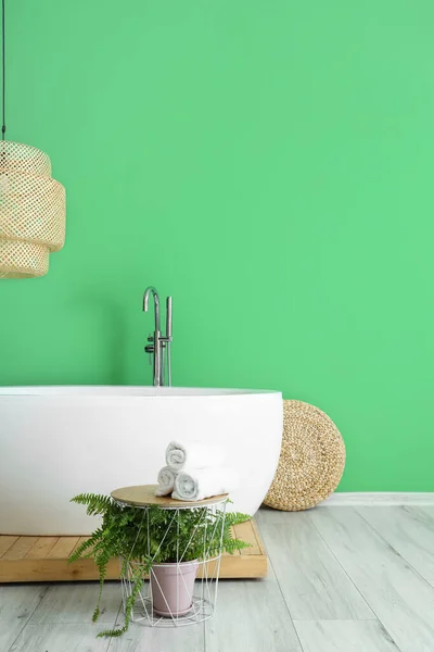 Elegante Bañera Hermosa Planta Interior Con Toallas Limpias Cerca Pared —  Fotos de Stock