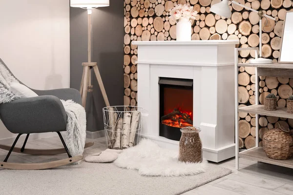 Interior Stylish Living Room Mantelpiece Firewood Glowing Lamps — ストック写真