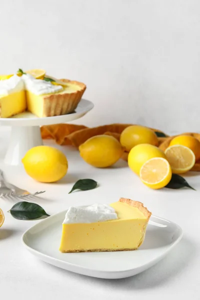 Plate Piece Tasty Baked Lemon Pie White Background — Stock Photo, Image