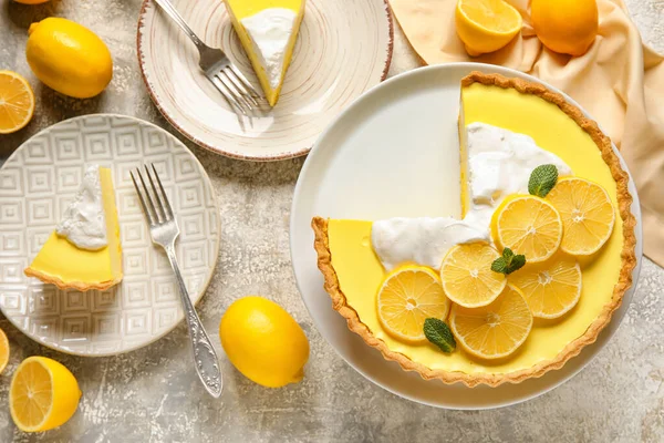 Stand Plates Tasty Baked Lemon Pie Light Background — ストック写真
