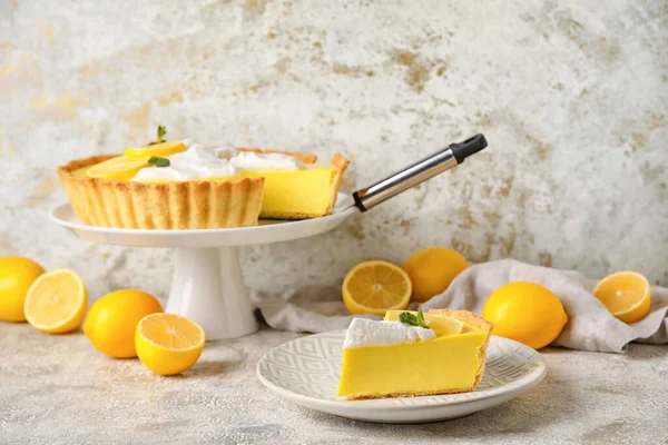Plate Piece Tasty Lemon Pie Fresh Fruits Light Background — Stock Photo, Image