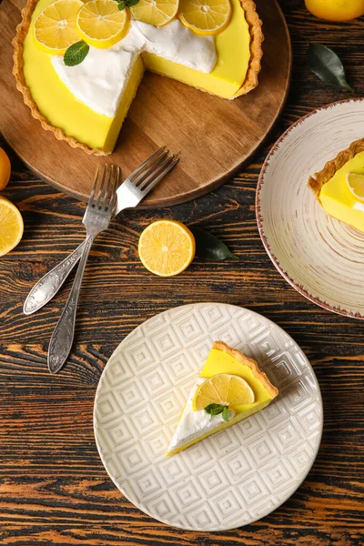 Stand Plates Tasty Baked Lemon Pie Wooden Background — ストック写真
