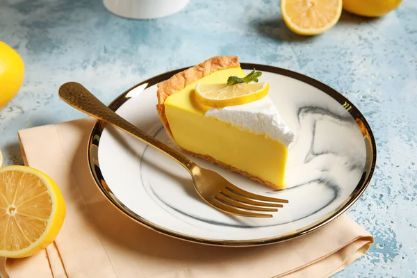 Plate Piece Tasty Lemon Pie Blue Background — Stock Photo, Image