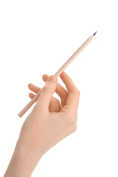 白い背景に色鉛筆を持つ女性 — ストック写真