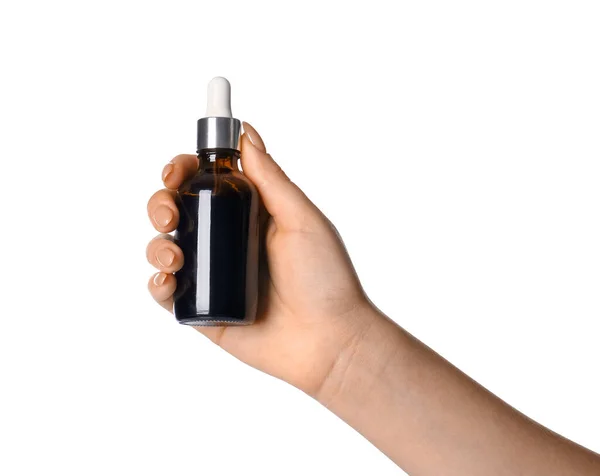 Female Hand Bottle Iodine White Background — Stock Photo, Image