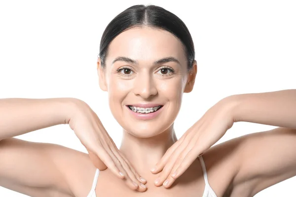 Beautiful Woman Dental Braces White Background — Stock Photo, Image