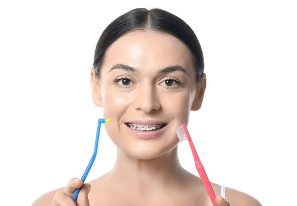 Beautiful Woman Dental Braces Tooth Brushes White Background Closeup — Stock Photo, Image