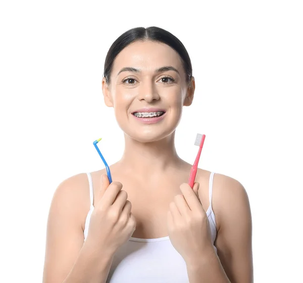 Beautiful Woman Dental Braces Tooth Brushes White Background — Stock Photo, Image