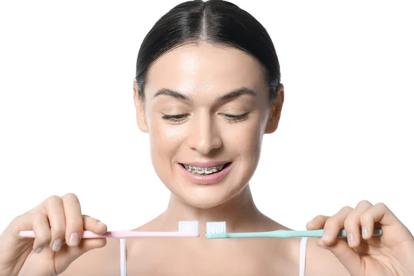 Beautiful Woman Dental Braces Tooth Brushes White Background — Stock Photo, Image