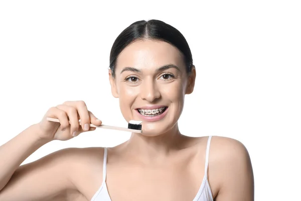 Beautiful Woman Dental Braces Toothbrush White Background — Stock Photo, Image