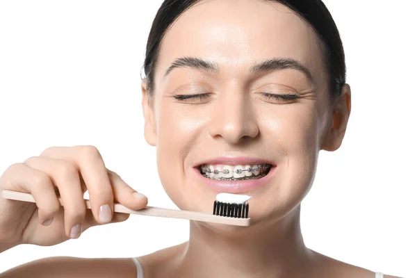 Beautiful Woman Dental Braces Toothbrush White Background Closeup — Stock Photo, Image