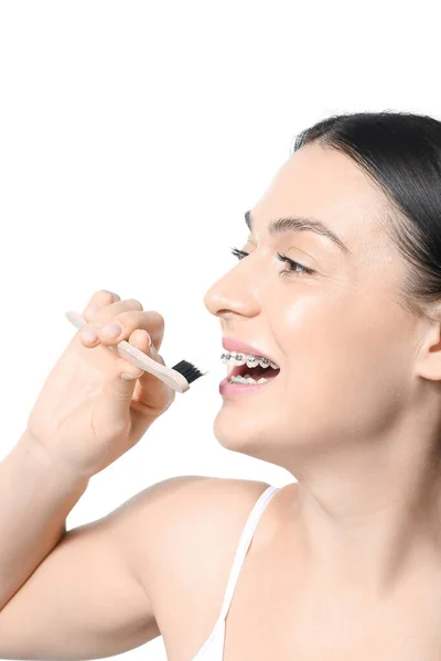 Beautiful Woman Dental Braces Toothbrush White Background Closeup — Stock Photo, Image