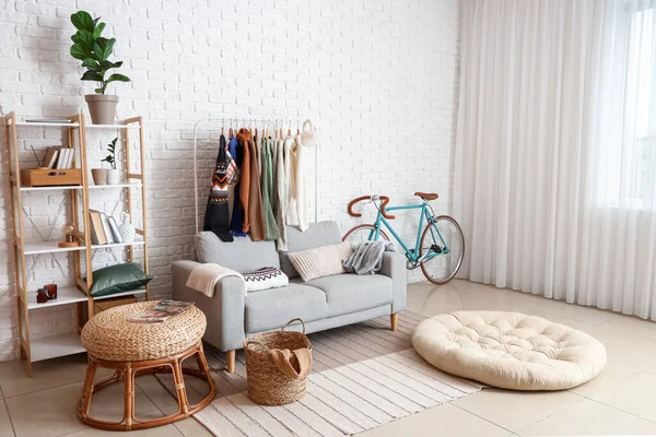 Sofa Shelf Unit Rack Sweaters White Brick Wall Living Room — Stock Photo, Image
