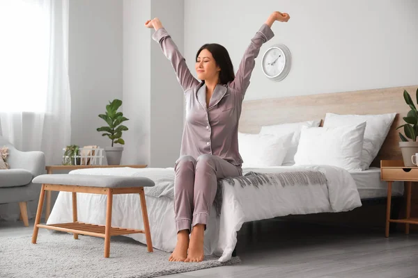 Young Asian Barefoot Woman Stretching Bedroom — Stock Photo, Image