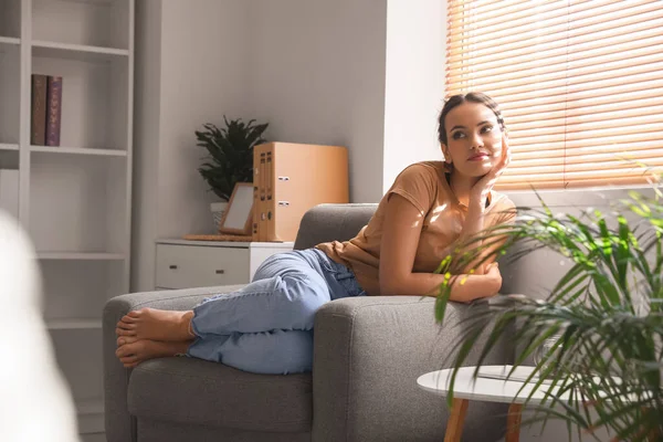 Young Barefoot Woman Resting Armchair Home — Stock Photo, Image