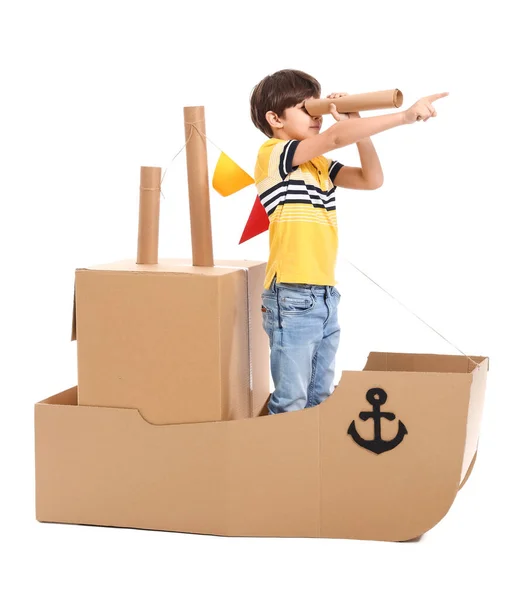 Cute Little Boy Playing Cardboard Ship White Background — Stock Photo, Image