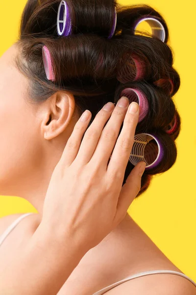 Beautiful Young Woman Hair Rollers Yellow Background — Stock Photo, Image