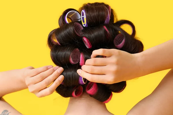 Beautiful Young Woman Hair Rollers Yellow Background Back View — Stock Photo, Image