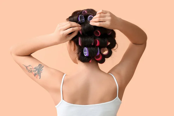 Beautiful Young Woman Hair Rollers Color Background Back View — Stock Photo, Image