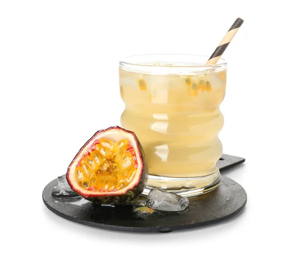 Glass Delicious Passion Fruit Juice White Background — Stock Photo, Image