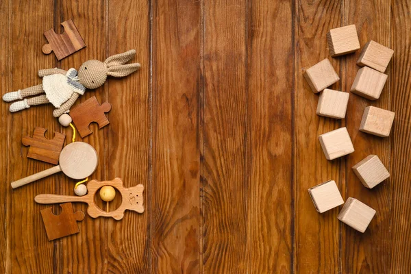 Frame Made Baby Toys Cubes Wooden Background — Stock Photo, Image