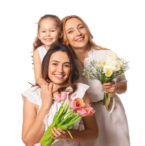 Mujer Joven Hijita Madre Con Flores Sobre Fondo Blanco Celebración — Foto de Stock