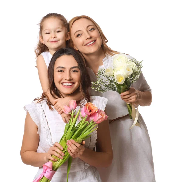 Mujer Joven Hijita Madre Con Flores Sobre Fondo Blanco Celebración — Foto de Stock