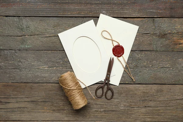 Envelope Card Scissors Rope Dark Wooden Background — Stock Photo, Image