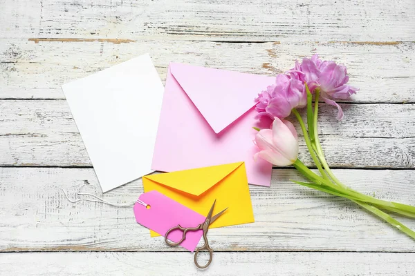 Envelopes Card Scissors Flowers White Wooden Background — Stock Photo, Image