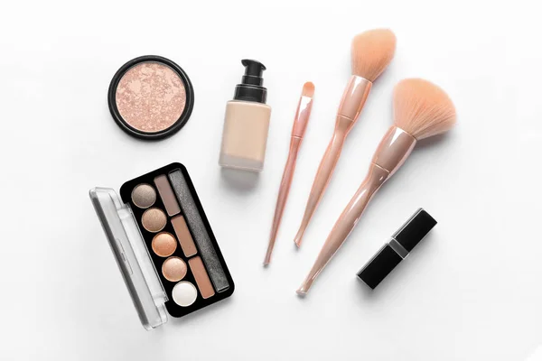 Different Cosmetics Makeup Brushes Isolated White — Stock Photo, Image