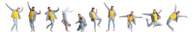 Bir grup duygusal dansçı genç adam beyazlar içinde soyutlanmış.