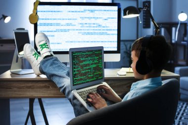 Evdeki modern bilgisayarı kullanan sevimli bir programcı.