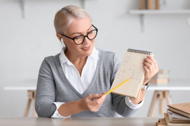 Bayan öğretmen evde ders veriyor.