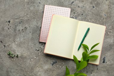 Not defterleri, kalem ve yeşil arkaplan, üst görünüm