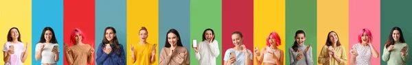 Många Känslomässiga Unga Kvinnor Med Smartphones Färgglada Bakgrund — Stockfoto