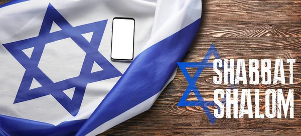 Bandeira Israel Telefone Celular Texto Shabbat Shalom Fundo Madeira — Fotografia de Stock