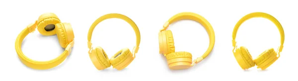 Set Modern Yellow Headphones Isolated White — Stock Photo, Image