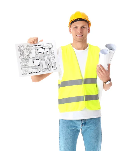 Junge Männliche Landschaftsplanerin Mit Neuem Projekt Und Zeichnungen Auf Weißem — Stockfoto