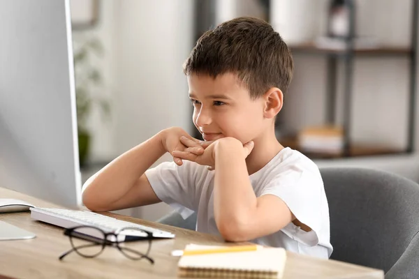 Cute Little Programmer Using Modern Computer Home — Stock Photo, Image