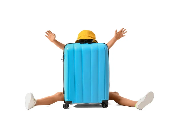 Funny Little Boy Sitting Suitcase White Background — Stock Photo, Image