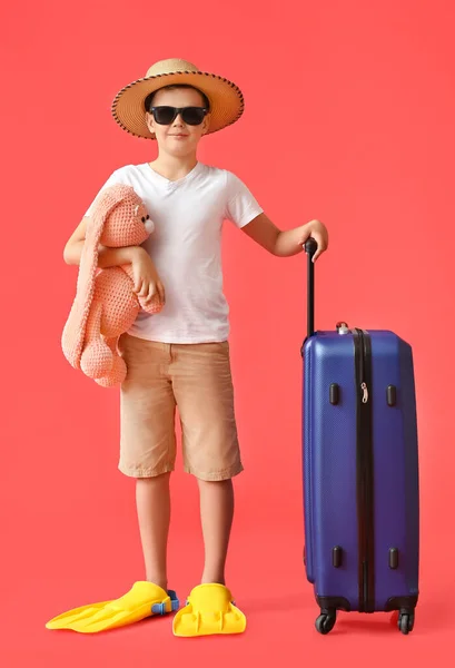 Cute Little Boy Suitcase Bunny Toy Paddles Color Background — Stock Photo, Image